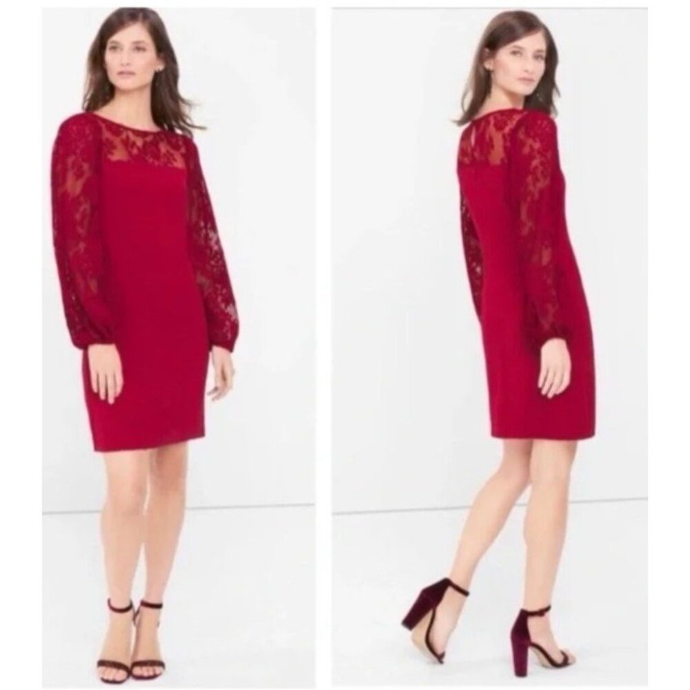 WHBM Dress Cranberry Red 4 Small Long Lace Sleeve Sheath NWT NEW $150